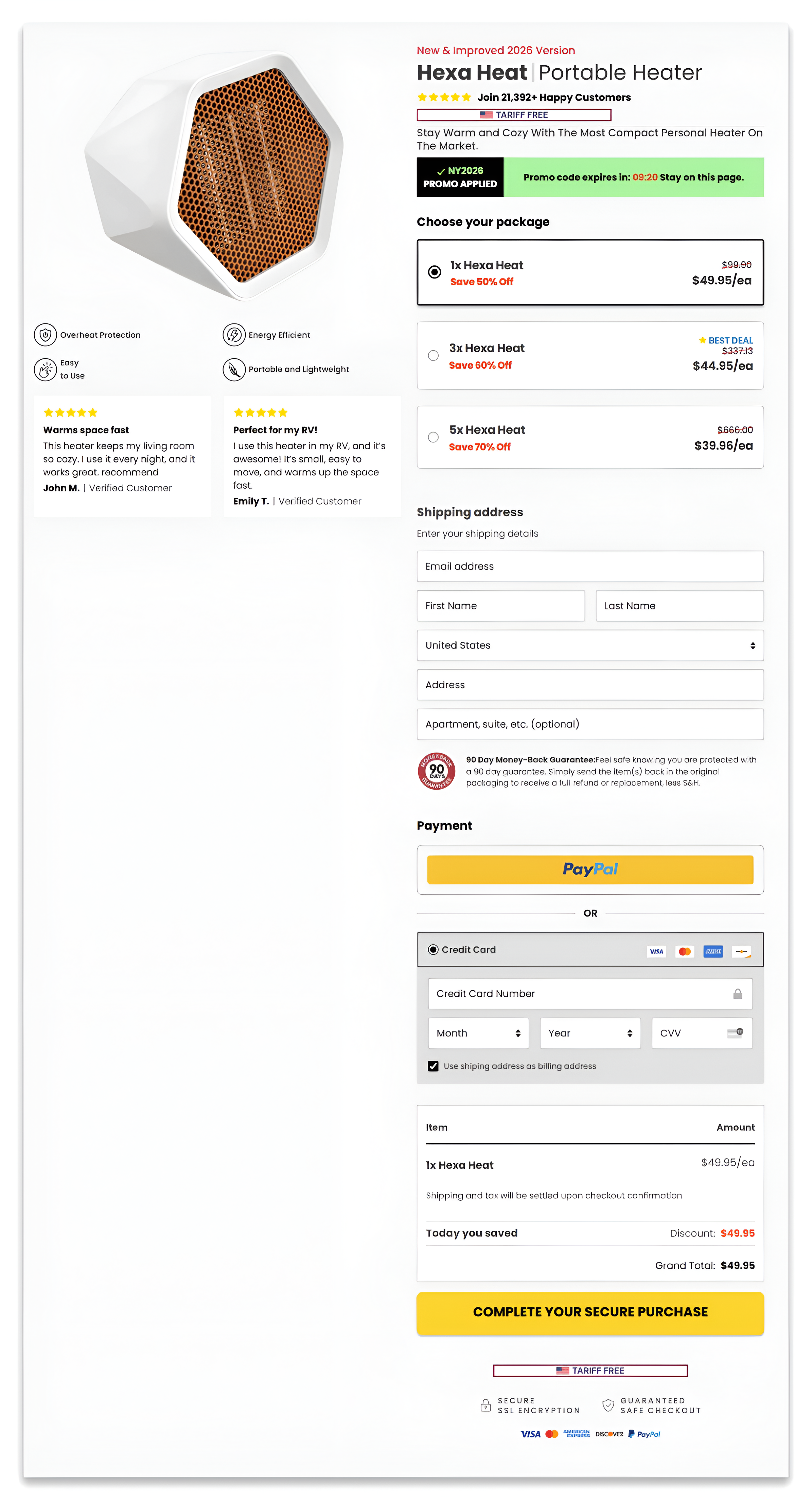 Hexa Heater checkout page.